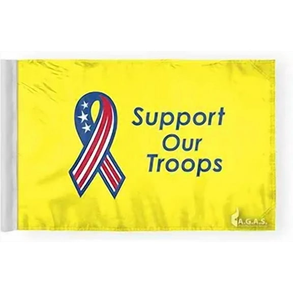 A.G.A.S 6x9 Inch Support Our Troops Yellow Military Motorcycle Flag - Double Sided Printed on Durable Wrap Knitted Polyester - Double Stitched Edges - Interlocked Stitching on Corners