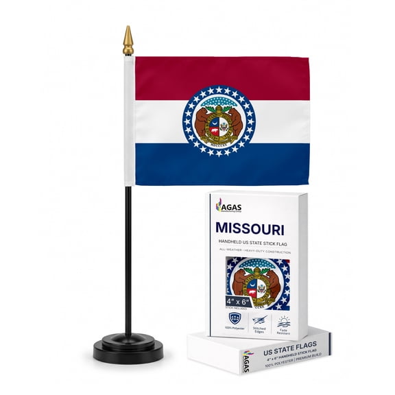 A.G.A.S Missouri Stick Flag, 4x6 Inch, Printed Polyester, State of Missouri Small Flag on Stick