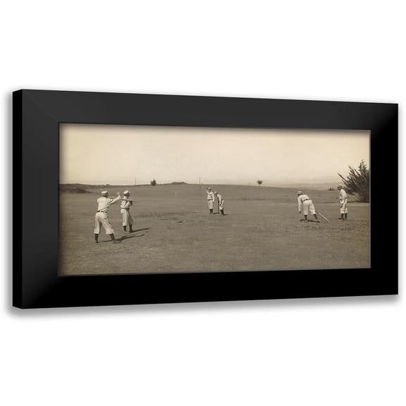 A.G. Spalding Baseball Collection 24x14 Black Modern Framed Museum Art Print Titled - Six Boys With A Ball And Three Bats, Playing Three Old Cat