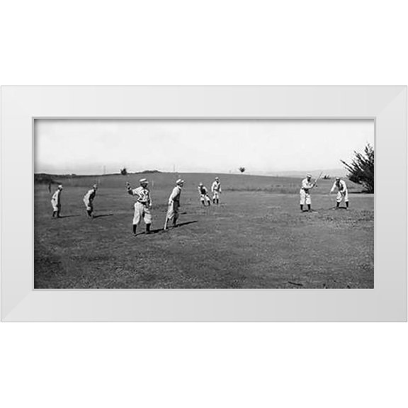 A.G. Spalding Baseball Collection 24x14 White Modern Wood Framed Museum Art Print Titled - Eight Boys With A Ball And Four Bats, Playing Four Old Cat