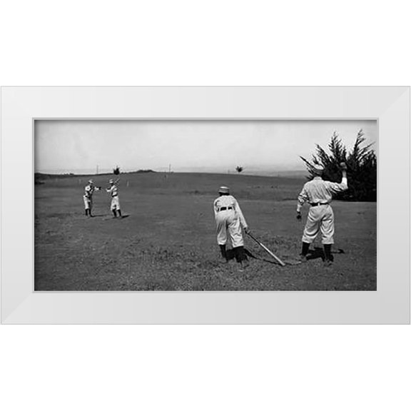 A.G. Spalding Baseball Collection 32x18 White Modern Wood Framed Museum Art Print Titled - Four Boys With A Ball and Two Bats, Playing Two Old Cat