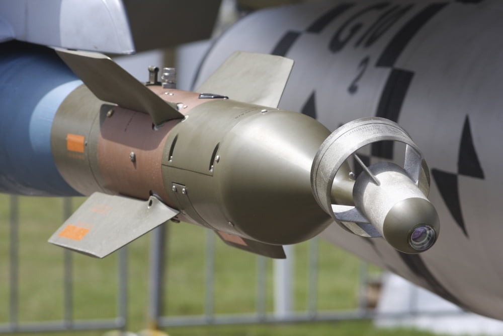 A GBU-24 laser-guided bomb on a F-16 aircraft Canvas Art - Timm ZiegenthalerStocktrek Images (35 x 23)