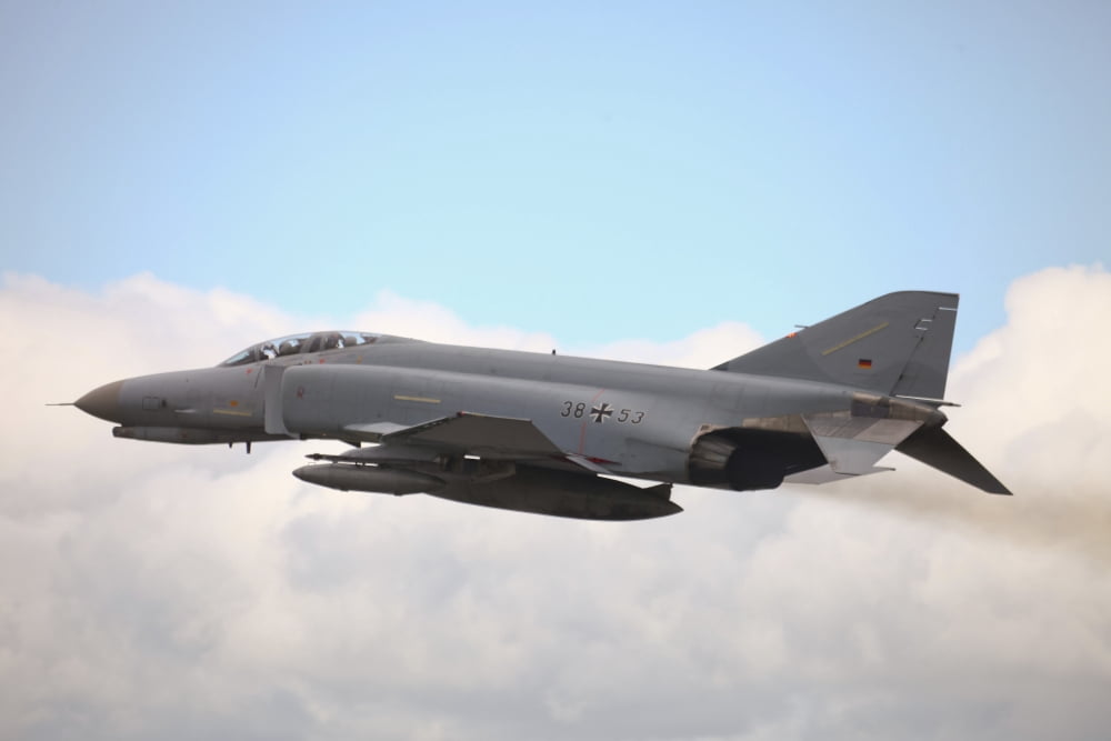 A German F-4F Phantom in flight over Wittmund Germany Canvas Art - Timm ZiegenthalerStocktrek Images (35 x 23)