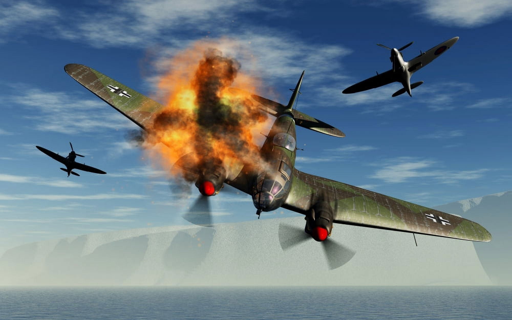A German Heinkel bomber plane crashing into the English Channel Canvas Art - Mark StevensonStocktrek Images (36 x 23)