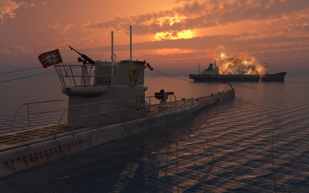 A German U-Boat moving in against an allied cargo ship Canvas Art - Mark StevensonStocktrek Images (36 x 23)