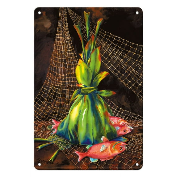A Gift of Fish (He Makana I’a) - Hawaiian Ti Leaf Offering (Ho'okupu) - From an Original Hawaii Watercolor Painting by Peggy Chun - 8 x 12 inch Vintage Metal Tin Sign