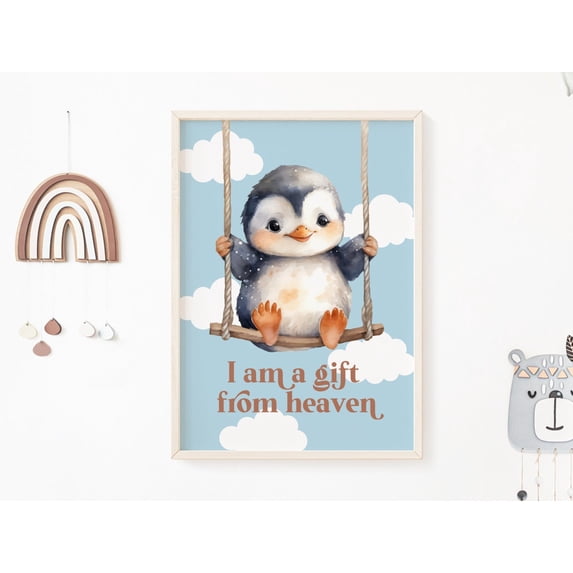 A Gift From Heaven Christian Nursery Boy Decor Baby Penguin Boho Nursery Art, Stretched Canvas 16x20in
