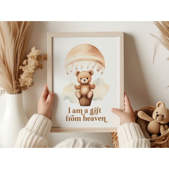 A Gift From Heaven Neutral Boho Christian Nursery Art Bear Balloon Children Decor, Unframed Canvas 8x10in