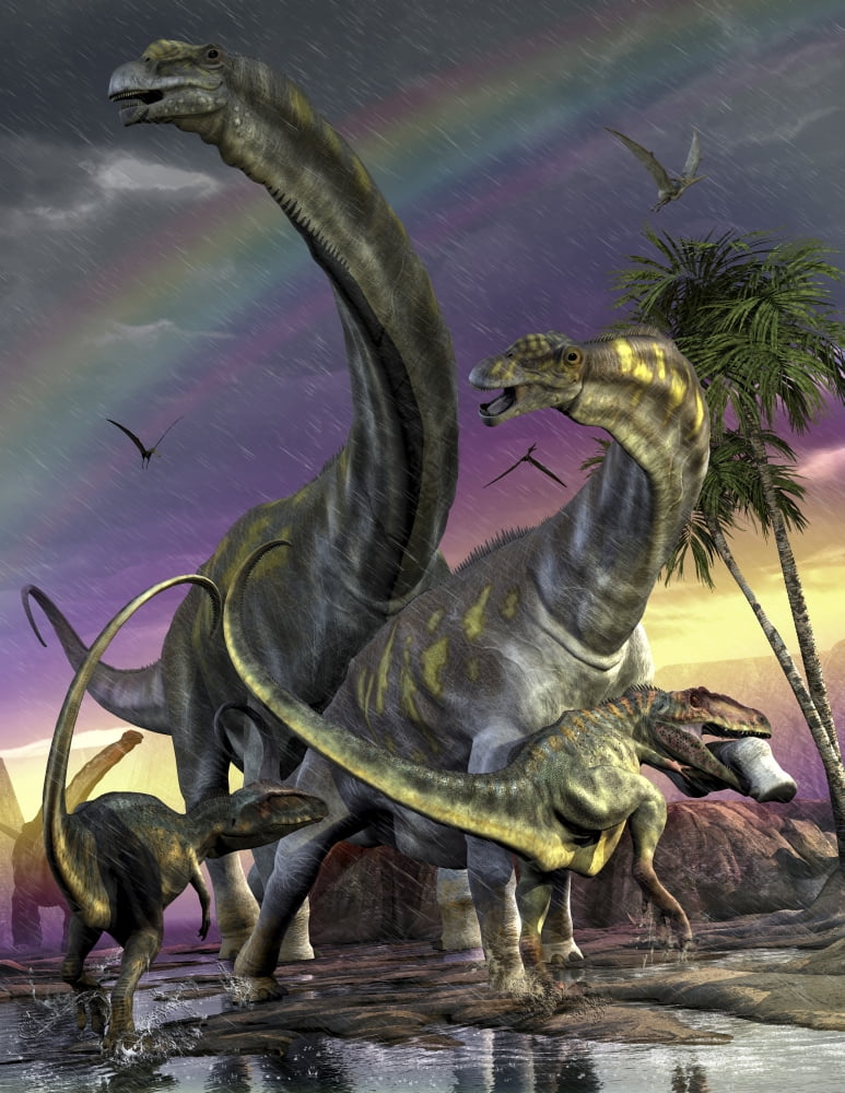 A Giganotosaurus trying to take down a young Argentinosaurus Canvas Art - Kurt MillerStocktrek Images (13 x 16)