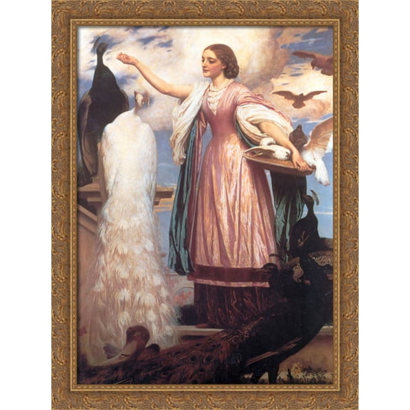 A Girl Feeding Peacocks 28x38 Large Gold Ornate Wood Framed Canvas Art by Frederic Leighton