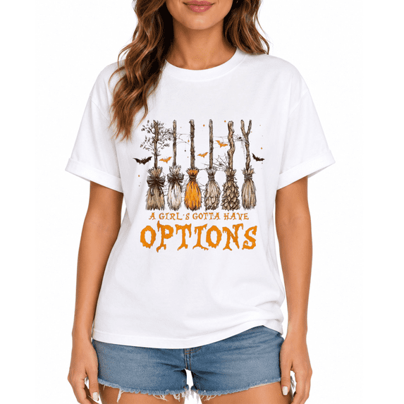 A Girl Gotta Have Options Halloween Witchy Salem Witch Broom T-Shirt Halloween Graphic Tee 100_ Cotton Perfect For Daily Casual Wear