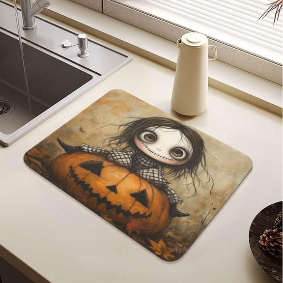A Girl Sitting on Pumpkin Drying Mat Diatomaceous Earth Super Absorbent Slip Rubber Sole Heat Resistant 230 Degrees Fahrenheit 23.619.7in