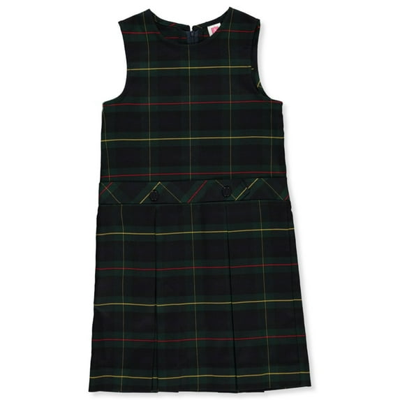 A+ Girls' Plus Size Bib Front Jumper School Uniform - green/gold *plaid #83*, 12.5 (Big Girls)