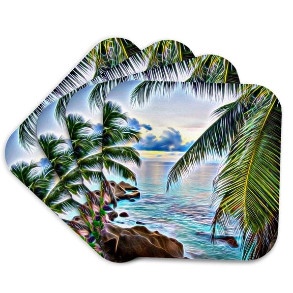 3drose, a Glimpse of the Sea Through a Palm Tree Image of Light Infusion, Set of 4 Coasters - Soft
