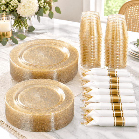 A Glod Glitter 350PCS(50 Guests) Plastic Party Dinnerware Set