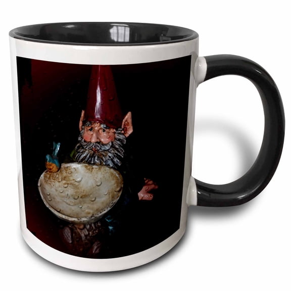 3drose, a Gnome Holding a Bird Bath, 11oz Two-tone Black Mug