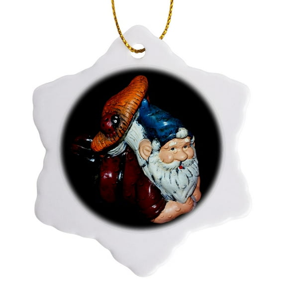 3drose, a Gnome Laying with a Ladybug and Mushroom, 3 inch Snowflake Porcelain Ornament