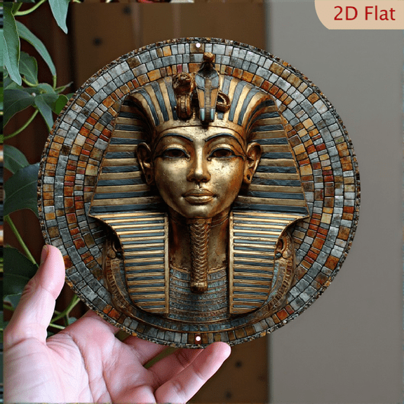 A Golden Sculpture Featuring a 3D Relief of a Circular Egyptian Pharaoh Design, Perfect for Decorating Your for home Or Office