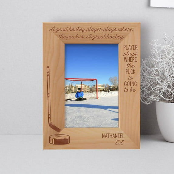 A Good Hockey Player Plays Where The Puck Is Personalized Wooden Frame 4" x 6" Brown (Vertical)