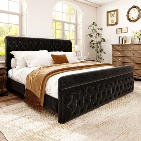 A Good Thing Velvet Upholstered Bed Frame with Diamond Tufted Headboard and Footboard, Queen Size, Modern Design