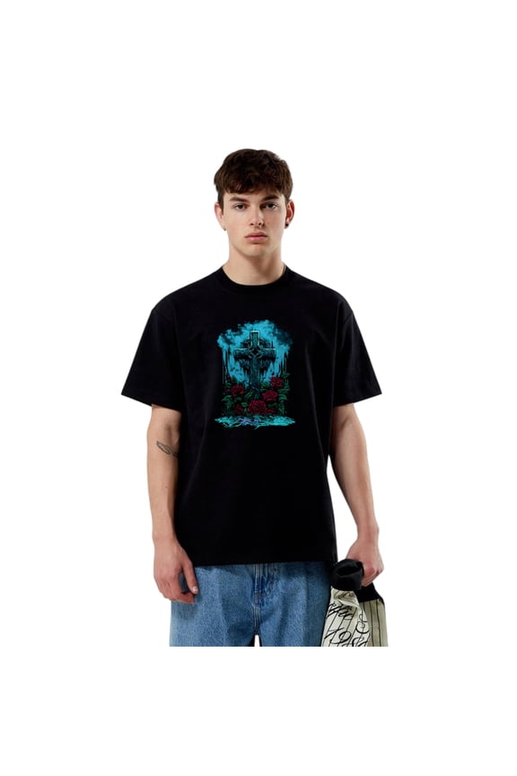 A Gothic Celtic Cross And Roses Mens Cotton Dark T-Shirt, for men & women, up to size 5XL