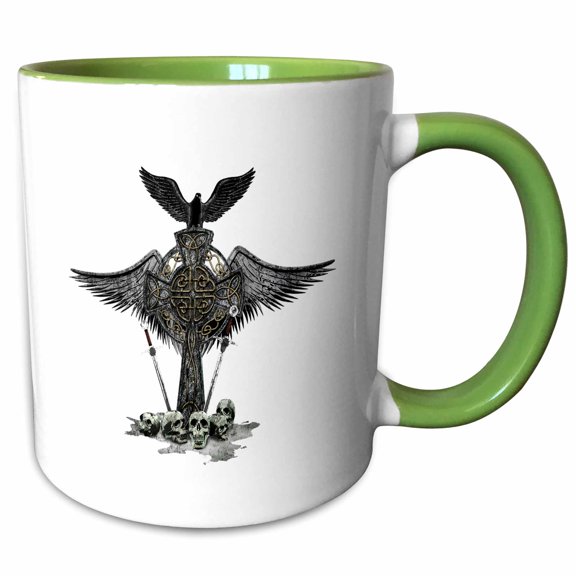 3drose, a Gothic Fantasy Celtic Cross, Skulls, Swords and a Black Raven., 11oz Two-tone Green Mug