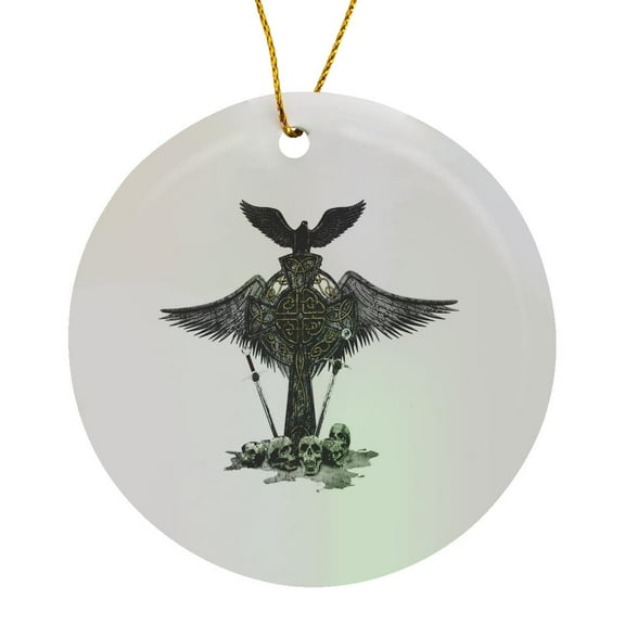 3drose, a Gothic Fantasy Celtic Cross, Skulls, Swords and a Black Raven., Circle Porcelain Ornament