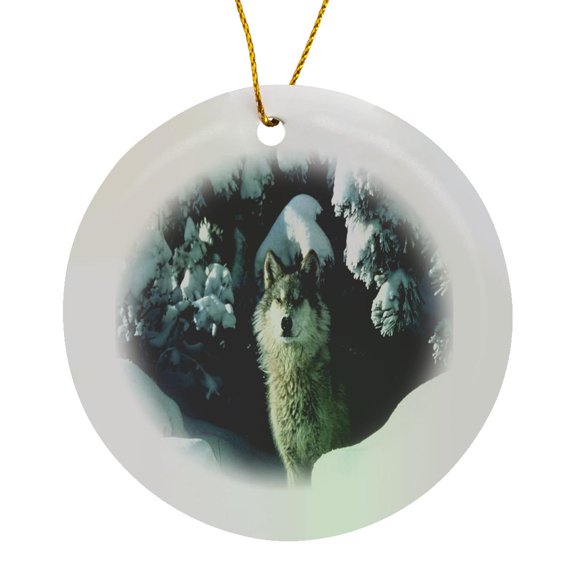 3drose, a Gray Wolf in the Snow, Circle Porcelain Ornament