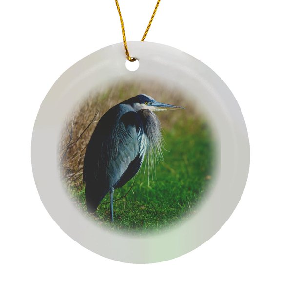 3drose, a Great Blue Heron Rests on the Foreshore of the Ocean in B.c., Circle Porcelain Ornament
