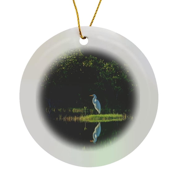 3drose, a Great Egret in a Marsh Surrounded by Mangrove Trees., Circle Porcelain Ornament