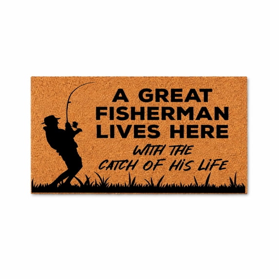 A Great Fisherman Lives Here With The Catch Of His Life - Brown Coir PVC Outdoor Doormat (36x60 inches)