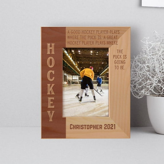 A Great Hockey Player Plays Where The Puck Is Going To Be Personalized Wooden Frame 3 1/2" x 5" Brown (Vertical)