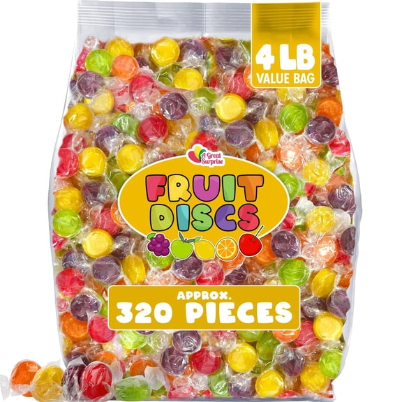 A Great Surprise Assorted Fruit Discs , 4 lb Bag, Bulk Individually Wrapped Candy, Fruit Flavored