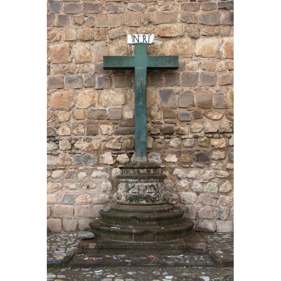 A Green Cross Against A Stone Wall Of Plaza De Armas; Cusco Peru Poster Print by Keith Levit / Design Pics (22 x 34)