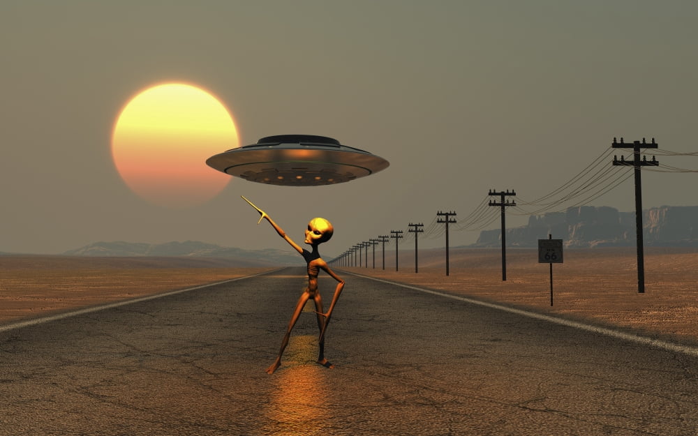 A Grey Alien hitching a ride from a passing UFO Canvas Art - Mark StevensonStocktrek Images (18 x 12)