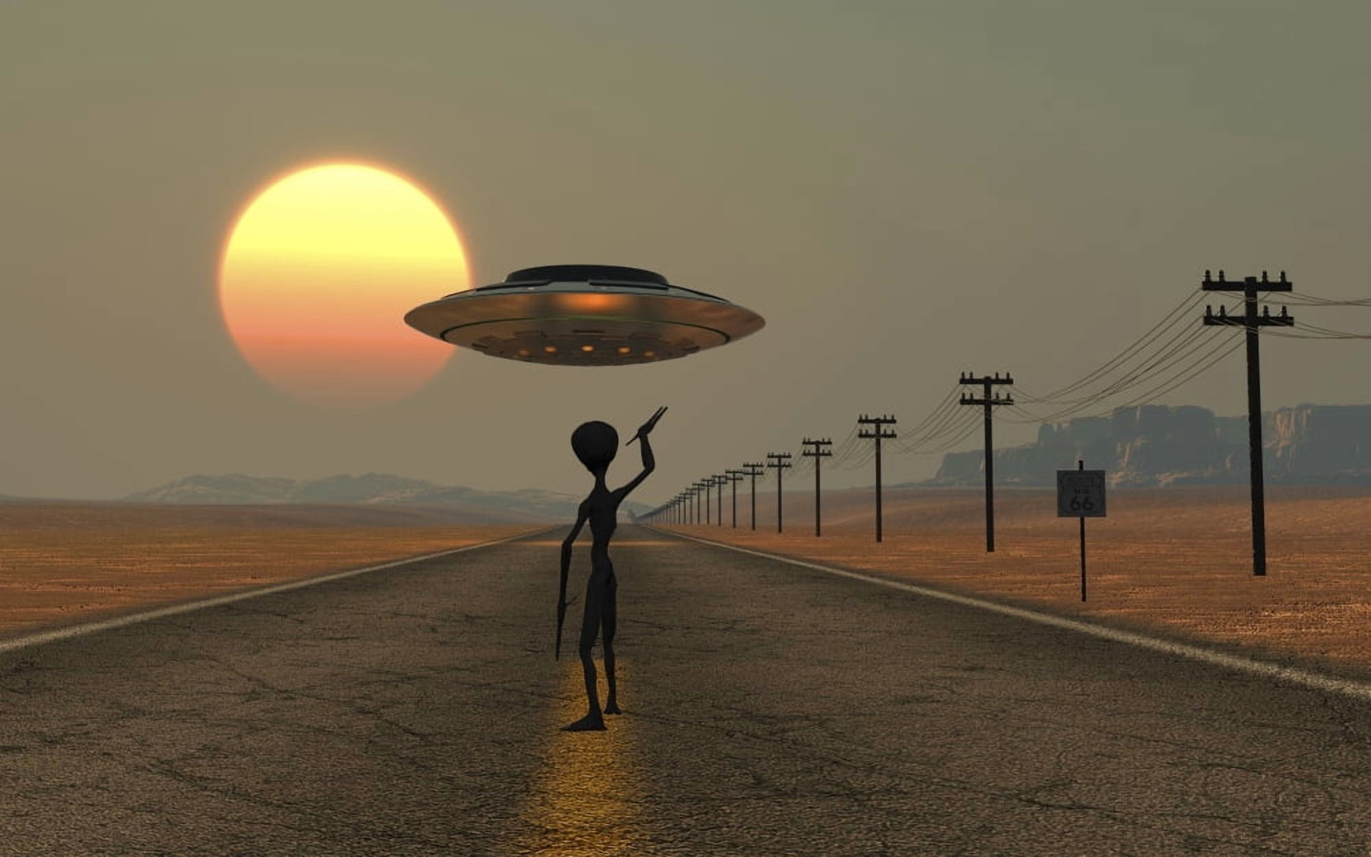 A Grey Alien hitching a ride from a passing UFO Canvas Art - Mark StevensonStocktrek Images (18 x 12)