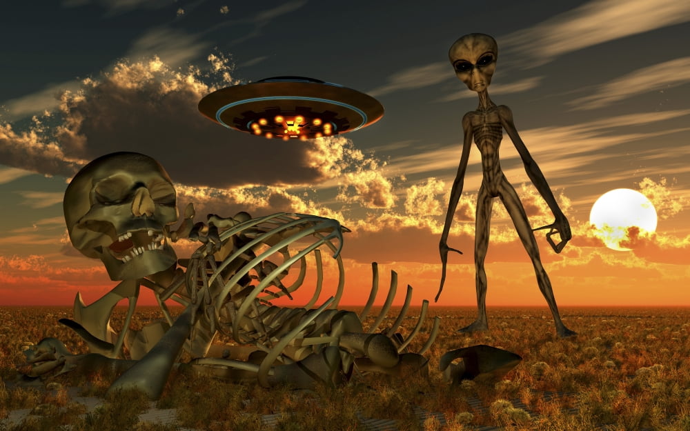A Grey Alien looking at humanoid remains as a UFO flys overhead Canvas Art - Mark StevensonStocktrek Images (36 x 23)