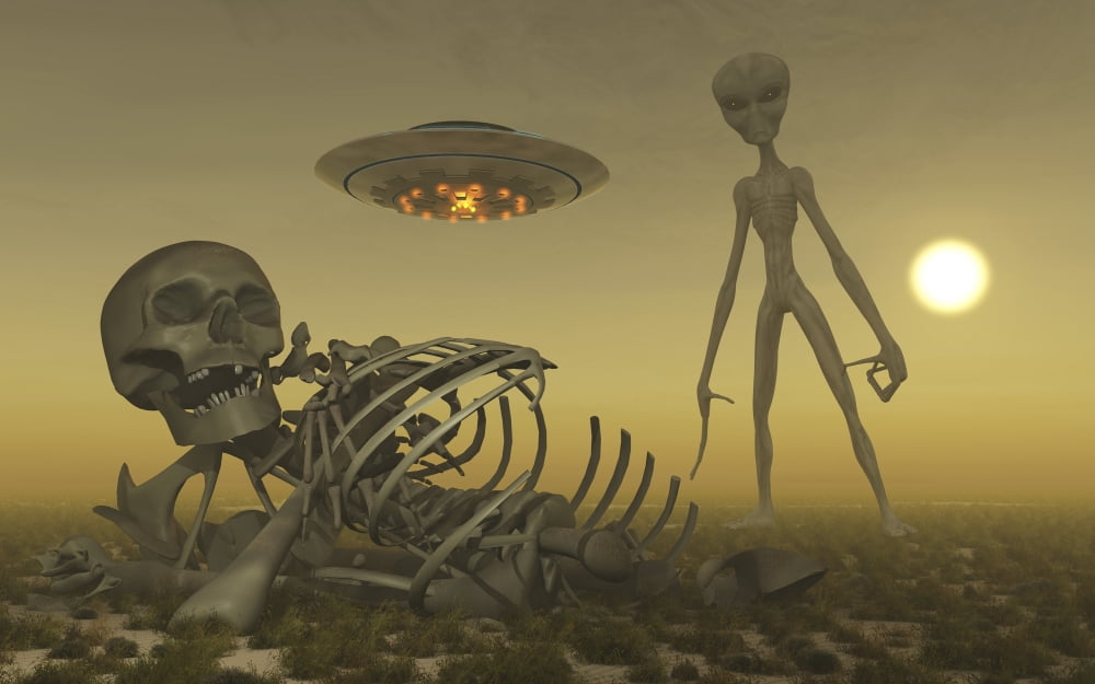 A Grey Alien looking at humanoid remains as a UFO flys overhead Canvas Art - Mark StevensonStocktrek Images (36 x 23)