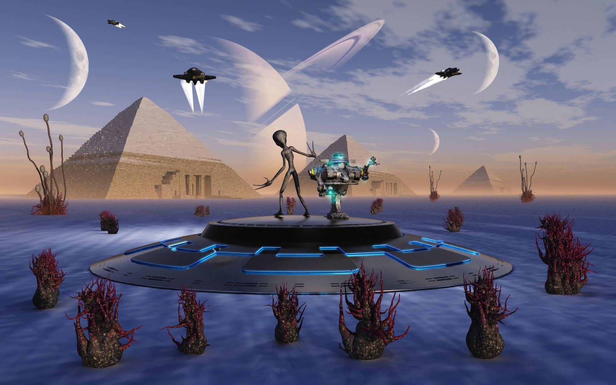 A Grey Alien visits the site of three pyramids on an alien world Canvas Art - Mark StevensonStocktrek Images (18 x 12)