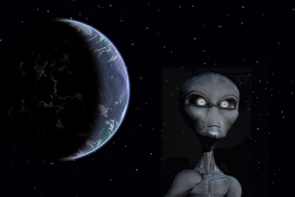 A Grey Alien with planet Earth in the background Canvas Art - Mark StevensonStocktrek Images (18 x 12)