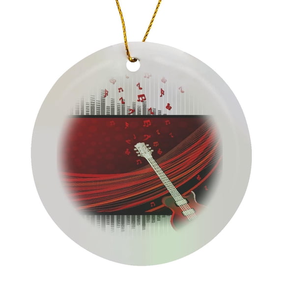 3drose, a Guitar Against a Red Background with Floating Musical Notes, Circle Porcelain Ornament