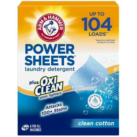 ARM & HAMMER Power Sheets Plus OxiClean Stain Fighters Laundry Detergent, Clean Cotton, 104 Count