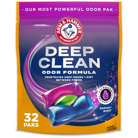 ARM & HAMMER Deep Clean Odor Formula Detergent Power Paks, Radiant Burst, 32 Count