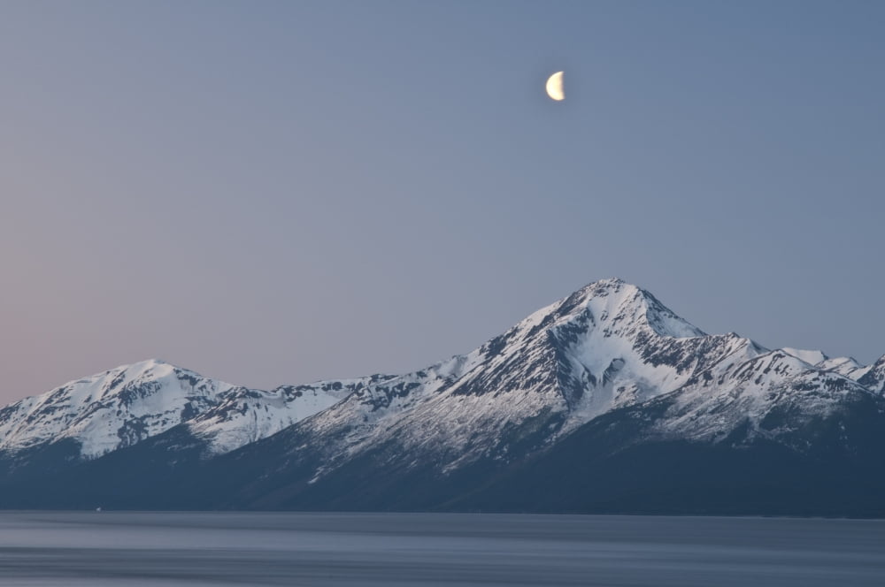 A Half Moon Over The Kenai Mountains And The Turnagain Arm At Dawn Southcentral Alaska Spring Canvas Art - Carl Johnson Design Pics (34 x 22)