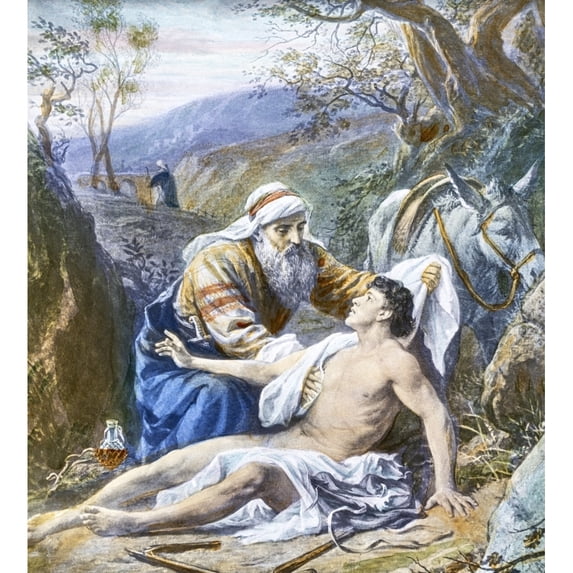 A Hand Coloured Magic Lantern Slide Circa 1900. The Good Samaritan Saving A Man. Countryside With Donkey And Shepherd by John Short / Design Pics (30 x 34)