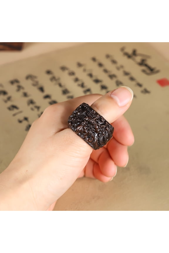 A Handcrafted Ring Featuring a Dragon Totem Made of Stylish Ebony Wood, Showcasing a Vintage Fashion Style.,Black