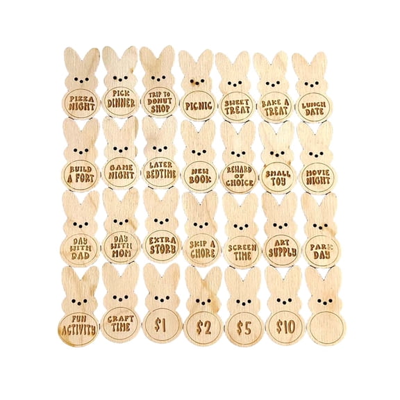 A Handcrafted Wooden Bunny Token Set For Easter Rewards Party Games And Holiday Event Prizes With 28 Piece Collection