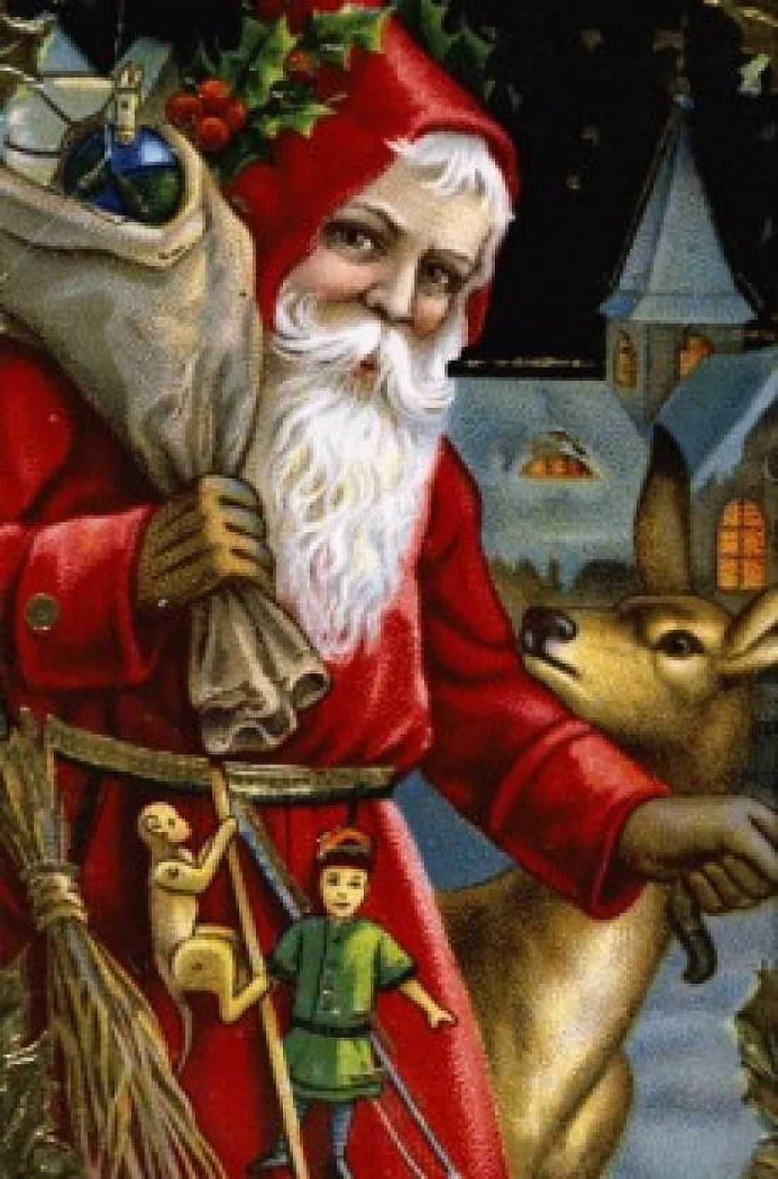 A Happy Christmas--Santa with a Reindeer Nostalgia cards Canvas Art - (18 x 24)