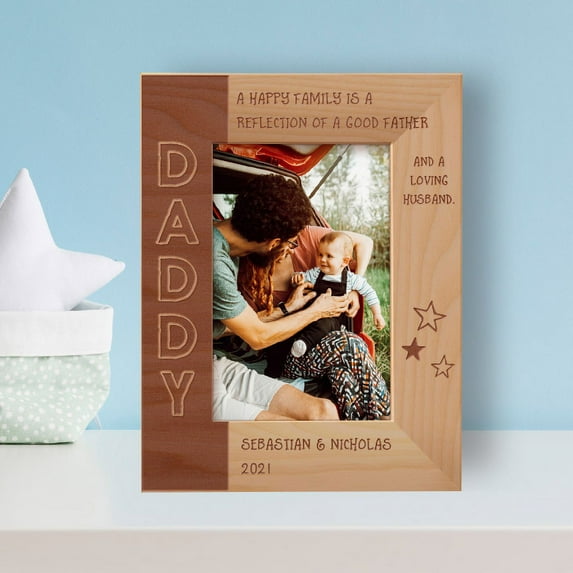 A Happy Family Is A Reflection Of A Good Father And A Loving Husband Personalized Wooden Frame 4" x 6" Brown (Vertical)