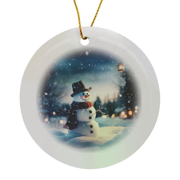 3drose, a Happy Snowman in a Snow Covered Field During the Christmas Season., Circle Porcelain Ornament